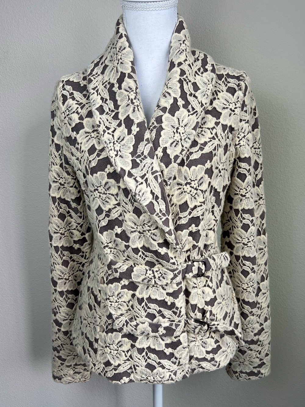 Anthro Charlie & Robin Wool Blend Lace Jacket Blazer Floral Belted Romantic‎ M